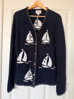Christopher & Banks Hand Embroidered Vintage Sweater Sailboat Nautical Large